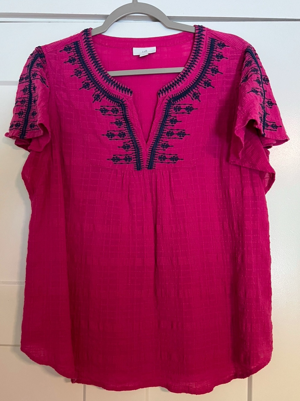 J Jill M Pink V-Neck Top Blue Embroidery Mexican Heritage Peasant Blouse Womens